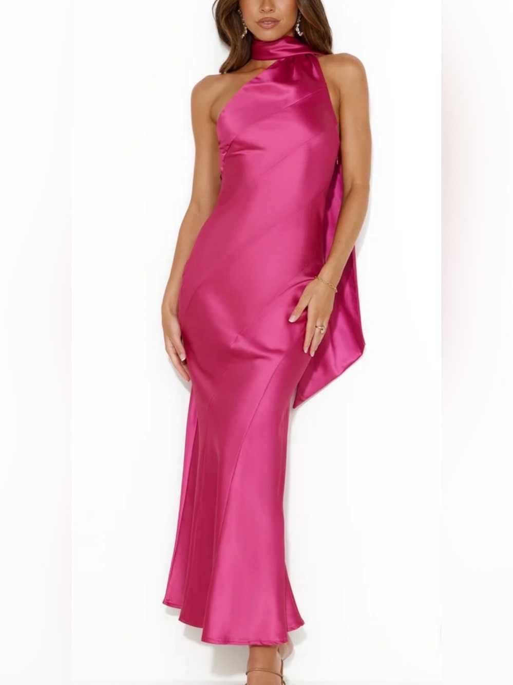 Hello Molly Glistening Star Satin Maxi Dress Hot Pink One Shoulder Size M NWT